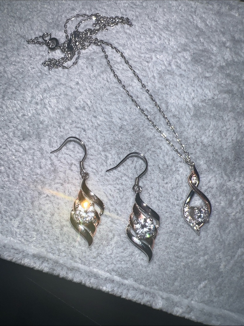 Sterling Silver Crystal Swirl Drop Earrings and Necklace Set